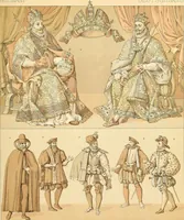 An illustration from Le costume historique. Cinq cents planches, trois cents en couleurs, or et argent, deux cents en camaieu. Types principaux du vêtement et de la parure, rapprochés de ceux de l'intérieur de l'habitation dans tous les temps et chez tous les peuples, avec de nombreux détails sur le mobilier, les armes, les objets usuels, les moyens de transport, etc (1888)