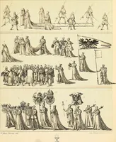 An illustration from Le costume historique. Cinq cents planches, trois cents en couleurs, or et argent, deux cents en camaieu. Types principaux du vêtement et de la parure, rapprochés de ceux de l'intérieur de l'habitation dans tous les temps et chez tous les peuples, avec de nombreux détails sur le mobilier, les armes, les objets usuels, les moyens de transport, etc (1888)