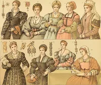 An illustration from Le costume historique. Cinq cents planches, trois cents en couleurs, or et argent, deux cents en camaieu. Types principaux du vêtement et de la parure, rapprochés de ceux de l'intérieur de l'habitation dans tous les temps et chez tous les peuples, avec de nombreux détails sur le mobilier, les armes, les objets usuels, les moyens de transport, etc (1888)