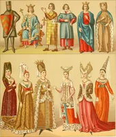 An illustration from Le costume historique. Cinq cents planches, trois cents en couleurs, or et argent, deux cents en camaieu. Types principaux du vêtement et de la parure, rapprochés de ceux de l'intérieur de l'habitation dans tous les temps et chez tous les peuples, avec de nombreux détails sur le mobilier, les armes, les objets usuels, les moyens de transport, etc (1888)