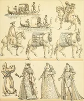 An illustration from Le costume historique. Cinq cents planches, trois cents en couleurs, or et argent, deux cents en camaieu. Types principaux du vêtement et de la parure, rapprochés de ceux de l'intérieur de l'habitation dans tous les temps et chez tous les peuples, avec de nombreux détails sur le mobilier, les armes, les objets usuels, les moyens de transport, etc (1888)