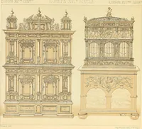 An illustration from Le costume historique. Cinq cents planches, trois cents en couleurs, or et argent, deux cents en camaieu. Types principaux du vêtement et de la parure, rapprochés de ceux de l'intérieur de l'habitation dans tous les temps et chez tous les peuples, avec de nombreux détails sur le mobilier, les armes, les objets usuels, les moyens de transport, etc (1888)