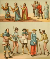 An illustration from Le costume historique. Cinq cents planches, trois cents en couleurs, or et argent, deux cents en camaieu. Types principaux du vêtement et de la parure, rapprochés de ceux de l'intérieur de l'habitation dans tous les temps et chez tous les peuples, avec de nombreux détails sur le mobilier, les armes, les objets usuels, les moyens de transport, etc (1888)
