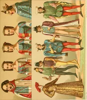 An illustration from Le costume historique. Cinq cents planches, trois cents en couleurs, or et argent, deux cents en camaieu. Types principaux du vêtement et de la parure, rapprochés de ceux de l'intérieur de l'habitation dans tous les temps et chez tous les peuples, avec de nombreux détails sur le mobilier, les armes, les objets usuels, les moyens de transport, etc (1888)