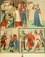 An illustration from Le costume historique. Cinq cents planches, trois cents en couleurs, or et argent, deux cents en camaieu. Types principaux du vêtement et de la parure, rapprochés de ceux de l'intérieur de l'habitation dans tous les temps et chez tous les peuples, avec de nombreux détails sur le mobilier, les armes, les objets usuels, les moyens de transport, etc (1888)