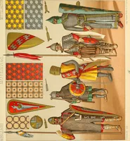 An illustration from Le costume historique. Cinq cents planches, trois cents en couleurs, or et argent, deux cents en camaieu. Types principaux du vêtement et de la parure, rapprochés de ceux de l'intérieur de l'habitation dans tous les temps et chez tous les peuples, avec de nombreux détails sur le mobilier, les armes, les objets usuels, les moyens de transport, etc (1888)