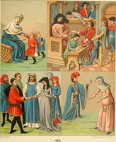 An illustration from Le costume historique. Cinq cents planches, trois cents en couleurs, or et argent, deux cents en camaieu. Types principaux du vêtement et de la parure, rapprochés de ceux de l'intérieur de l'habitation dans tous les temps et chez tous les peuples, avec de nombreux détails sur le mobilier, les armes, les objets usuels, les moyens de transport, etc (1888)
