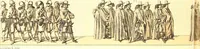 An illustration from Le costume historique. Cinq cents planches, trois cents en couleurs, or et argent, deux cents en camaieu. Types principaux du vêtement et de la parure, rapprochés de ceux de l'intérieur de l'habitation dans tous les temps et chez tous les peuples, avec de nombreux détails sur le mobilier, les armes, les objets usuels, les moyens de transport, etc (1888)
