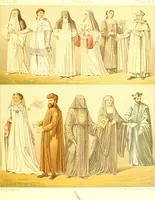 An illustration from Le costume historique. Cinq cents planches, trois cents en couleurs, or et argent, deux cents en camaieu. Types principaux du vêtement et de la parure, rapprochés de ceux de l'intérieur de l'habitation dans tous les temps et chez tous les peuples, avec de nombreux détails sur le mobilier, les armes, les objets usuels, les moyens de transport, etc (1888)