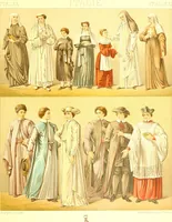 An illustration from Le costume historique. Cinq cents planches, trois cents en couleurs, or et argent, deux cents en camaieu. Types principaux du vêtement et de la parure, rapprochés de ceux de l'intérieur de l'habitation dans tous les temps et chez tous les peuples, avec de nombreux détails sur le mobilier, les armes, les objets usuels, les moyens de transport, etc (1888)