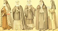 An illustration from Le costume historique. Cinq cents planches, trois cents en couleurs, or et argent, deux cents en camaieu. Types principaux du vêtement et de la parure, rapprochés de ceux de l'intérieur de l'habitation dans tous les temps et chez tous les peuples, avec de nombreux détails sur le mobilier, les armes, les objets usuels, les moyens de transport, etc (1888)