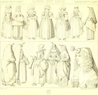 An illustration from Le costume historique. Cinq cents planches, trois cents en couleurs, or et argent, deux cents en camaieu. Types principaux du vêtement et de la parure, rapprochés de ceux de l'intérieur de l'habitation dans tous les temps et chez tous les peuples, avec de nombreux détails sur le mobilier, les armes, les objets usuels, les moyens de transport, etc (1888)