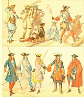 An illustration from Le costume historique. Cinq cents planches, trois cents en couleurs, or et argent, deux cents en camaieu. Types principaux du vêtement et de la parure, rapprochés de ceux de l'intérieur de l'habitation dans tous les temps et chez tous les peuples, avec de nombreux détails sur le mobilier, les armes, les objets usuels, les moyens de transport, etc (1888)