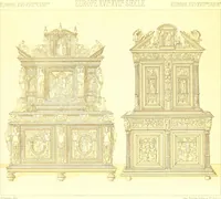 An illustration from Le costume historique. Cinq cents planches, trois cents en couleurs, or et argent, deux cents en camaieu. Types principaux du vêtement et de la parure, rapprochés de ceux de l'intérieur de l'habitation dans tous les temps et chez tous les peuples, avec de nombreux détails sur le mobilier, les armes, les objets usuels, les moyens de transport, etc (1888)