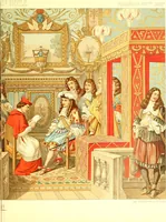 An illustration from Le costume historique. Cinq cents planches, trois cents en couleurs, or et argent, deux cents en camaieu. Types principaux du vêtement et de la parure, rapprochés de ceux de l'intérieur de l'habitation dans tous les temps et chez tous les peuples, avec de nombreux détails sur le mobilier, les armes, les objets usuels, les moyens de transport, etc (1888)