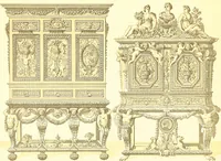 An illustration from Le costume historique. Cinq cents planches, trois cents en couleurs, or et argent, deux cents en camaieu. Types principaux du vêtement et de la parure, rapprochés de ceux de l'intérieur de l'habitation dans tous les temps et chez tous les peuples, avec de nombreux détails sur le mobilier, les armes, les objets usuels, les moyens de transport, etc (1888)