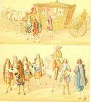 An illustration from Le costume historique. Cinq cents planches, trois cents en couleurs, or et argent, deux cents en camaieu. Types principaux du vêtement et de la parure, rapprochés de ceux de l'intérieur de l'habitation dans tous les temps et chez tous les peuples, avec de nombreux détails sur le mobilier, les armes, les objets usuels, les moyens de transport, etc (1888)