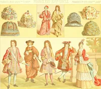 Picture 60 of 109 from Le costume historique. Cinq cents planches, trois cents en couleurs, or et argent, deux cents en camaieu. Types principaux du vêtement et de la parure, rapprochés de ceux de l'intérieur de l'habitation dans tous les temps et chez tous les peuples, avec de nombreux détails sur le mobilier, les armes, les objets usuels, les moyens de transport, etc (1888), leaf 240