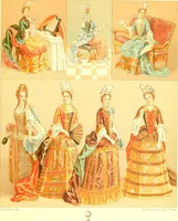 An illustration from Le costume historique. Cinq cents planches, trois cents en couleurs, or et argent, deux cents en camaieu. Types principaux du vêtement et de la parure, rapprochés de ceux de l'intérieur de l'habitation dans tous les temps et chez tous les peuples, avec de nombreux détails sur le mobilier, les armes, les objets usuels, les moyens de transport, etc (1888)