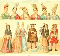 An illustration from Le costume historique. Cinq cents planches, trois cents en couleurs, or et argent, deux cents en camaieu. Types principaux du vêtement et de la parure, rapprochés de ceux de l'intérieur de l'habitation dans tous les temps et chez tous les peuples, avec de nombreux détails sur le mobilier, les armes, les objets usuels, les moyens de transport, etc (1888)