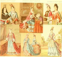 Picture 63 of 109 from Le costume historique. Cinq cents planches, trois cents en couleurs, or et argent, deux cents en camaieu. Types principaux du vêtement et de la parure, rapprochés de ceux de l'intérieur de l'habitation dans tous les temps et chez tous les peuples, avec de nombreux détails sur le mobilier, les armes, les objets usuels, les moyens de transport, etc (1888), leaf 256