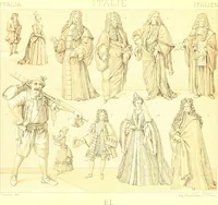 An illustration from Le costume historique. Cinq cents planches, trois cents en couleurs, or et argent, deux cents en camaieu. Types principaux du vêtement et de la parure, rapprochés de ceux de l'intérieur de l'habitation dans tous les temps et chez tous les peuples, avec de nombreux détails sur le mobilier, les armes, les objets usuels, les moyens de transport, etc (1888)