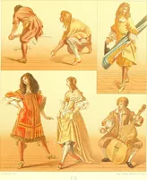 Picture 70 of 109 from Le costume historique. Cinq cents planches, trois cents en couleurs, or et argent, deux cents en camaieu. Types principaux du vêtement et de la parure, rapprochés de ceux de l'intérieur de l'habitation dans tous les temps et chez tous les peuples, avec de nombreux détails sur le mobilier, les armes, les objets usuels, les moyens de transport, etc (1888), leaf 292