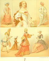 An illustration from Le costume historique. Cinq cents planches, trois cents en couleurs, or et argent, deux cents en camaieu. Types principaux du vêtement et de la parure, rapprochés de ceux de l'intérieur de l'habitation dans tous les temps et chez tous les peuples, avec de nombreux détails sur le mobilier, les armes, les objets usuels, les moyens de transport, etc (1888)