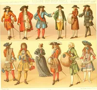 An illustration from Le costume historique. Cinq cents planches, trois cents en couleurs, or et argent, deux cents en camaieu. Types principaux du vêtement et de la parure, rapprochés de ceux de l'intérieur de l'habitation dans tous les temps et chez tous les peuples, avec de nombreux détails sur le mobilier, les armes, les objets usuels, les moyens de transport, etc (1888)