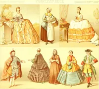 An illustration from Le costume historique. Cinq cents planches, trois cents en couleurs, or et argent, deux cents en camaieu. Types principaux du vêtement et de la parure, rapprochés de ceux de l'intérieur de l'habitation dans tous les temps et chez tous les peuples, avec de nombreux détails sur le mobilier, les armes, les objets usuels, les moyens de transport, etc (1888)