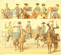 Picture 91 of 109 from Le costume historique. Cinq cents planches, trois cents en couleurs, or et argent, deux cents en camaieu. Types principaux du vêtement et de la parure, rapprochés de ceux de l'intérieur de l'habitation dans tous les temps et chez tous les peuples, avec de nombreux détails sur le mobilier, les armes, les objets usuels, les moyens de transport, etc (1888), leaf 388