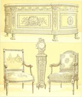 An illustration from Le costume historique. Cinq cents planches, trois cents en couleurs, or et argent, deux cents en camaieu. Types principaux du vêtement et de la parure, rapprochés de ceux de l'intérieur de l'habitation dans tous les temps et chez tous les peuples, avec de nombreux détails sur le mobilier, les armes, les objets usuels, les moyens de transport, etc (1888)