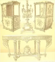 An illustration from Le costume historique. Cinq cents planches, trois cents en couleurs, or et argent, deux cents en camaieu. Types principaux du vêtement et de la parure, rapprochés de ceux de l'intérieur de l'habitation dans tous les temps et chez tous les peuples, avec de nombreux détails sur le mobilier, les armes, les objets usuels, les moyens de transport, etc (1888)