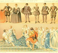An illustration from Le costume historique. Cinq cents planches, trois cents en couleurs, or et argent, deux cents en camaieu. Types principaux du vêtement et de la parure, rapprochés de ceux de l'intérieur de l'habitation dans tous les temps et chez tous les peuples, avec de nombreux détails sur le mobilier, les armes, les objets usuels, les moyens de transport, etc (1888)