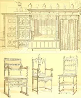 An illustration from Le costume historique. Cinq cents planches, trois cents en couleurs, or et argent, deux cents en camaieu. Types principaux du vêtement et de la parure, rapprochés de ceux de l'intérieur de l'habitation dans tous les temps et chez tous les peuples, avec de nombreux détails sur le mobilier, les armes, les objets usuels, les moyens de transport, etc (1888)