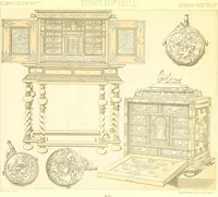 An illustration from Le costume historique. Cinq cents planches, trois cents en couleurs, or et argent, deux cents en camaieu. Types principaux du vêtement et de la parure, rapprochés de ceux de l'intérieur de l'habitation dans tous les temps et chez tous les peuples, avec de nombreux détails sur le mobilier, les armes, les objets usuels, les moyens de transport, etc (1888)