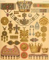 An illustration from Le costume historique. Cinq cents planches, trois cents en couleurs, or et argent, deux cents en camaieu. Types principaux du vêtement et de la parure, rapprochés de ceux de l'intérieur de l'habitation dans tous les temps et chez tous les peuples, avec de nombreux détails sur le mobilier, les armes, les objets usuels, les moyens de transport, etc (1888)