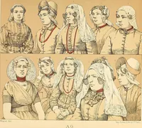 An illustration from Le costume historique. Cinq cents planches, trois cents en couleurs, or et argent, deux cents en camaieu. Types principaux du vêtement et de la parure, rapprochés de ceux de l'intérieur de l'habitation dans tous les temps et chez tous les peuples, avec de nombreux détails sur le mobilier, les armes, les objets usuels, les moyens de transport, etc (1888)