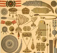 An illustration from Le costume historique. Cinq cents planches, trois cents en couleurs, or et argent, deux cents en camaieu. Types principaux du vêtement et de la parure, rapprochés de ceux de l'intérieur de l'habitation dans tous les temps et chez tous les peuples, avec de nombreux détails sur le mobilier, les armes, les objets usuels, les moyens de transport, etc (1888)