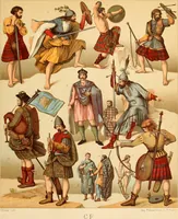 An illustration from Le costume historique. Cinq cents planches, trois cents en couleurs, or et argent, deux cents en camaieu. Types principaux du vêtement et de la parure, rapprochés de ceux de l'intérieur de l'habitation dans tous les temps et chez tous les peuples, avec de nombreux détails sur le mobilier, les armes, les objets usuels, les moyens de transport, etc (1888)