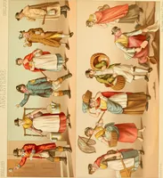 An illustration from Le costume historique. Cinq cents planches, trois cents en couleurs, or et argent, deux cents en camaieu. Types principaux du vêtement et de la parure, rapprochés de ceux de l'intérieur de l'habitation dans tous les temps et chez tous les peuples, avec de nombreux détails sur le mobilier, les armes, les objets usuels, les moyens de transport, etc (1888)