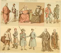 An illustration from Le costume historique. Cinq cents planches, trois cents en couleurs, or et argent, deux cents en camaieu. Types principaux du vêtement et de la parure, rapprochés de ceux de l'intérieur de l'habitation dans tous les temps et chez tous les peuples, avec de nombreux détails sur le mobilier, les armes, les objets usuels, les moyens de transport, etc (1888)