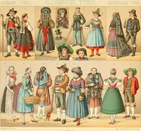 An illustration from Le costume historique. Cinq cents planches, trois cents en couleurs, or et argent, deux cents en camaieu. Types principaux du vêtement et de la parure, rapprochés de ceux de l'intérieur de l'habitation dans tous les temps et chez tous les peuples, avec de nombreux détails sur le mobilier, les armes, les objets usuels, les moyens de transport, etc (1888)