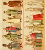 An illustration from Le costume historique. Cinq cents planches, trois cents en couleurs, or et argent, deux cents en camaieu. Types principaux du vêtement et de la parure, rapprochés de ceux de l'intérieur de l'habitation dans tous les temps et chez tous les peuples, avec de nombreux détails sur le mobilier, les armes, les objets usuels, les moyens de transport, etc (1888)