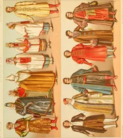 An illustration from Le costume historique. Cinq cents planches, trois cents en couleurs, or et argent, deux cents en camaieu. Types principaux du vêtement et de la parure, rapprochés de ceux de l'intérieur de l'habitation dans tous les temps et chez tous les peuples, avec de nombreux détails sur le mobilier, les armes, les objets usuels, les moyens de transport, etc (1888)
