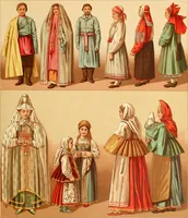 An illustration from Le costume historique. Cinq cents planches, trois cents en couleurs, or et argent, deux cents en camaieu. Types principaux du vêtement et de la parure, rapprochés de ceux de l'intérieur de l'habitation dans tous les temps et chez tous les peuples, avec de nombreux détails sur le mobilier, les armes, les objets usuels, les moyens de transport, etc (1888)