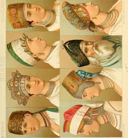 An illustration from Le costume historique. Cinq cents planches, trois cents en couleurs, or et argent, deux cents en camaieu. Types principaux du vêtement et de la parure, rapprochés de ceux de l'intérieur de l'habitation dans tous les temps et chez tous les peuples, avec de nombreux détails sur le mobilier, les armes, les objets usuels, les moyens de transport, etc (1888)