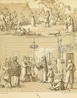 An illustration from Le costume historique. Cinq cents planches, trois cents en couleurs, or et argent, deux cents en camaieu. Types principaux du vêtement et de la parure, rapprochés de ceux de l'intérieur de l'habitation dans tous les temps et chez tous les peuples, avec de nombreux détails sur le mobilier, les armes, les objets usuels, les moyens de transport, etc (1888)