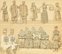 An illustration from Le costume historique. Cinq cents planches, trois cents en couleurs, or et argent, deux cents en camaieu. Types principaux du vêtement et de la parure, rapprochés de ceux de l'intérieur de l'habitation dans tous les temps et chez tous les peuples, avec de nombreux détails sur le mobilier, les armes, les objets usuels, les moyens de transport, etc (1888)