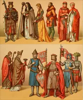 An illustration from Le costume historique. Cinq cents planches, trois cents en couleurs, or et argent, deux cents en camaieu. Types principaux du vêtement et de la parure, rapprochés de ceux de l'intérieur de l'habitation dans tous les temps et chez tous les peuples, avec de nombreux détails sur le mobilier, les armes, les objets usuels, les moyens de transport, etc (1888)